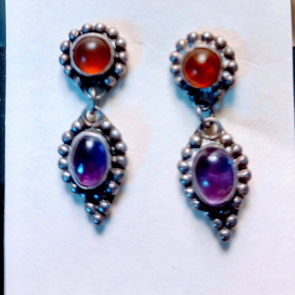 Genuine Amber & Amethyst sterling silver earrings